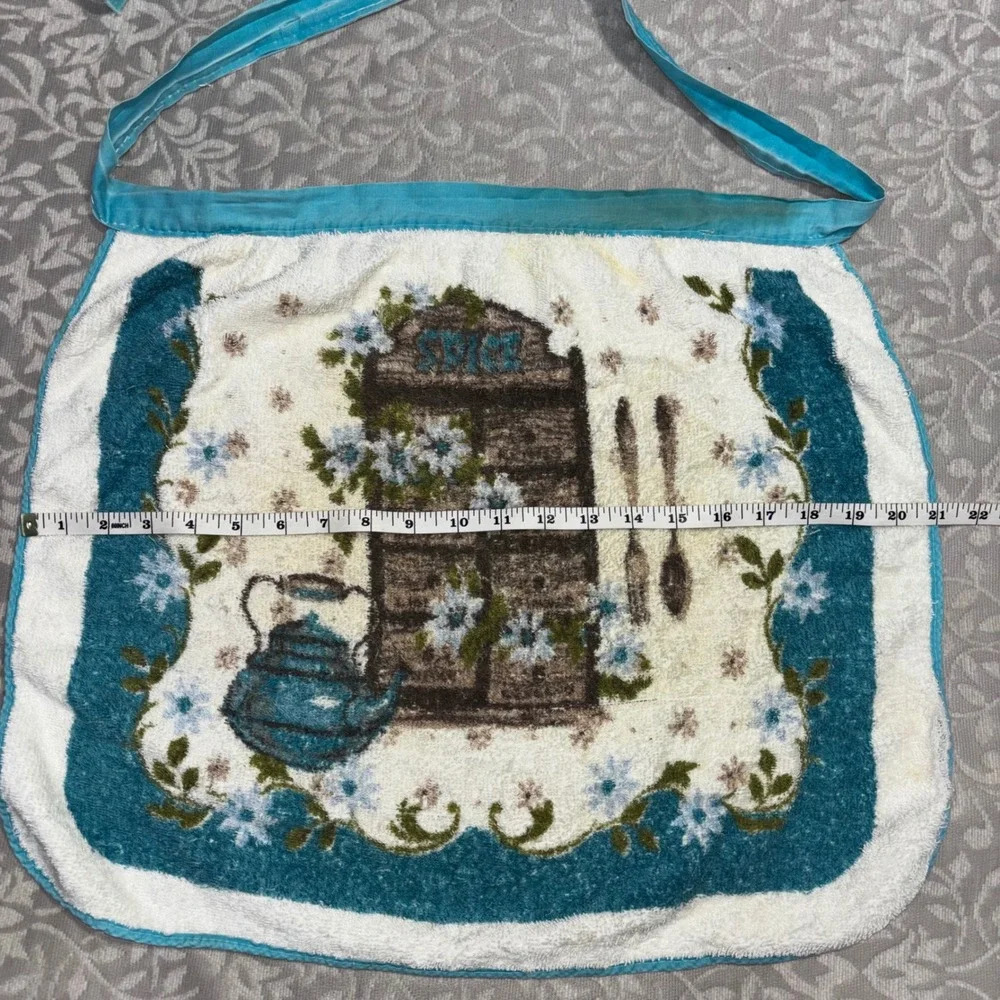 Vintage 1970s Handmade Terry Cloth Half Apron Blue Floral Spice Cabinet Kitchen‎